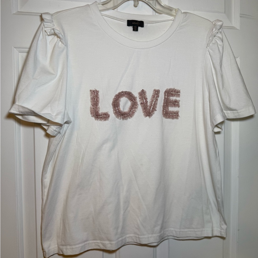 OnTwelfth White Ruffle T Shirt Rhinestone & Mesh LOVE Graphic Valentines! XL SS